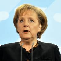 German Chancellor Angela Merkel addresses a news conference at the Chancellery in Berlin in January 2009. | AFP-JIJI