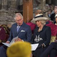 British royals (from left) Queen Elizabeth II, Prince Charles, wife Camilla, Prince Harry\'s fiancee U.S. actress Meghan Markle and Prince William attend a Commonwealth Day Service at Westminster Abbey in central London on Monday. | AFP-JIJI