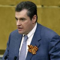 Russian lawmaker Leonid Slutsky speaks in the State Duma, the lower house of parliament, on March 20, 2014. | AP