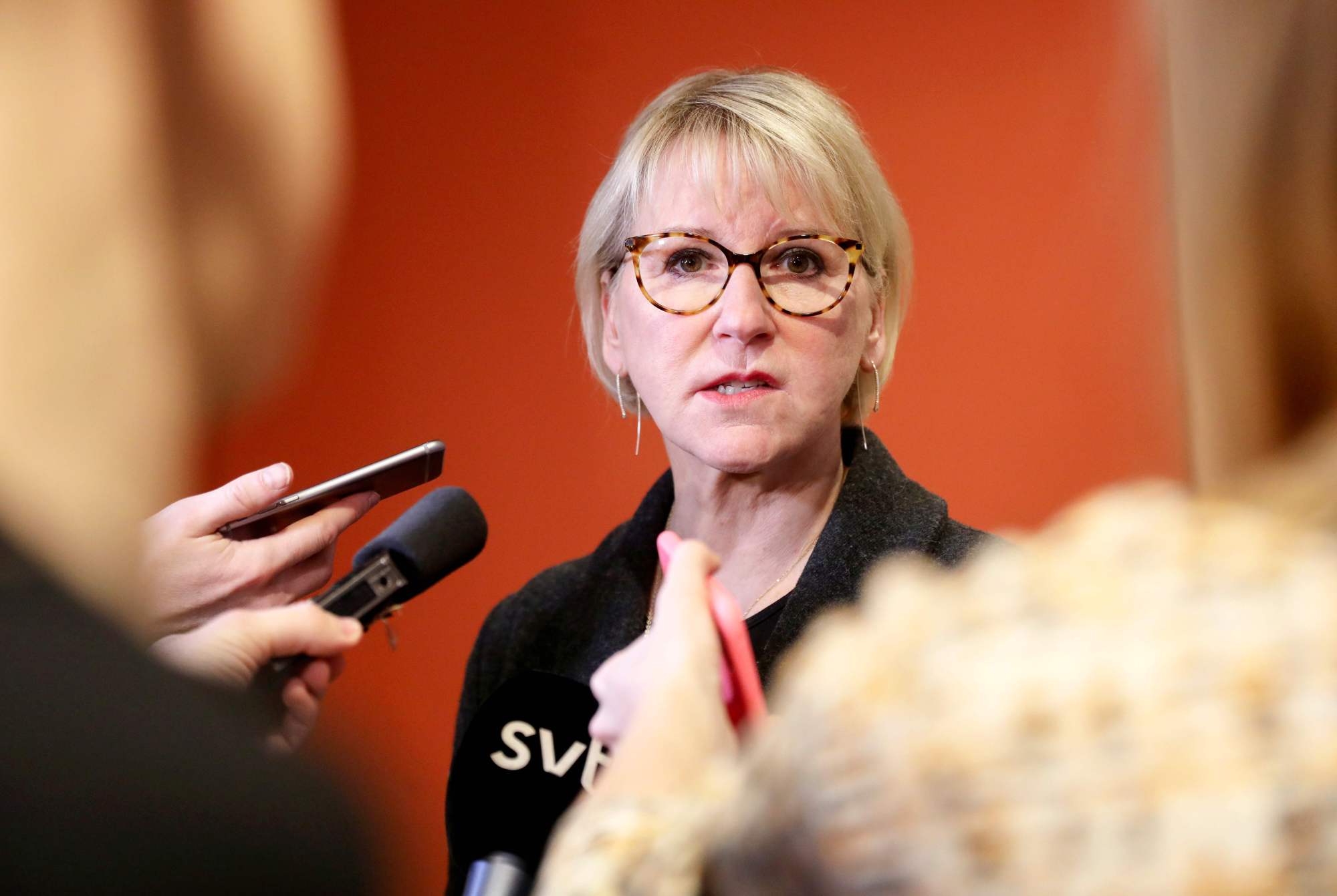 Swedish Foreign Minister Margot Wallstrom talks to journalists on Friday in the Swedish house of parliment in Stockholm, to comment on her meeting with the North Korean foreign minister the day before. | SOREN ANDERSSON / TT NEWS AGENCY / VIA AFP-JIJI