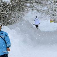 The entrance to a forestry road near the site where a man died during a snow storm in Tomakomai, Hokkaido, is seen Friday. The road services worker who died had gone to the area to help move a car that got stuck in a blizzard. | KYODO