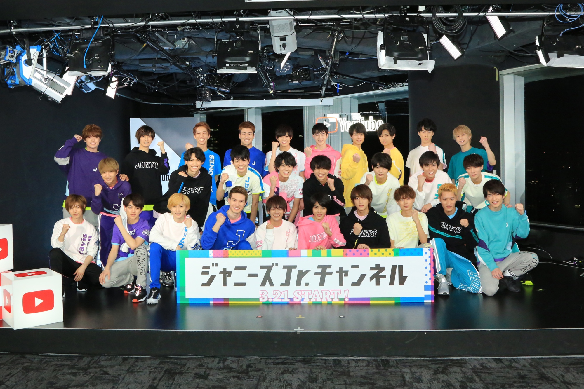 Class photo: The members of Hihi Jets, Tokyo B Shonen, SixTones, Snow Man and Travis Japan gather at YouTube Space Tokyo for the launch of the Johnny's Jr. channel. | REUTERS
