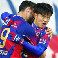 Takefusa Kubo of FC Tokyo celebrates the first goal during the J.League YBC Levain Cup Group A match between FC Tokyo and Albirex Niigata at Ajinomoto Stadium on Wednesday. | KYODO