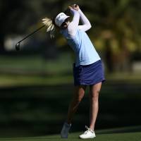 Pernilla Lindberg attempts a shot on the second hole during the second round of the ANA Inspiration on Friday in Rancho Mirage, California. | KELVIN KUO / USA TODAY / VIA REUTERS