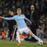 Manchester City\'s Oleksandr Zinchenko controls the ball in the Champions League round of 16, second- leg soccer match against Basel at Etihad Stadium on Wednesday. | AP