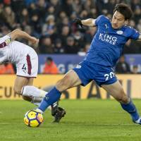 Shinji Okazaki, seen during a match against Burnley on Dec. 3, could return to Leicester on Saturday after missing three games with a knee injury. | KYODO