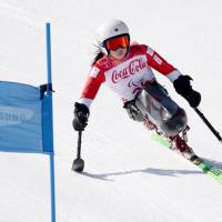 Momoka Muraoka competes in the women’s super-G sitting category at the Jeongseon Alpine Centre during the 2018 Pyeongchang Paralympics on Sunday. | KYODO