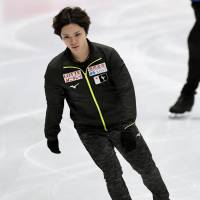 Shoma Uno works out in practice in Milan on Tuesday ahead of the upcoming world championships. | KYODO