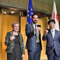 Irish Ambassador Anne Barrington (left), Irish Minister for Housing, Planning and Local      Government Eoghan Murphy T.D. and Kazuyuki Nakane, state minister for foreign affairs      poses for a photo during a reception to celebrate St. Patrick\'s Day at Imperial Hotel Tokyo on March 15. yoshiaki miura | SHIMPEI KISHIMOTO