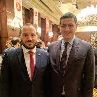 Turkish Airlines Inc. Vice President Tuncay Eminoglu (left) poses with Tokyo Mehmet Akay General Manager (right) at the workshop on Balkan, hosted by Turkish Airlines Inc. at Shangri-La Hotel Tokyo on March 19. | SHIMPEI KISHIMOTO
