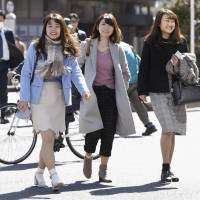 Three women go for a stroll in Tokyo\'s Shibuya Ward. Warm air from the south helped heat some areas of the capital to over 20 degrees on Thursday, well above seasonal averages. | KYODO