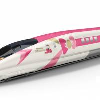 A Hello Kitty-themed bullet train will debut on the Sanyo Shinkansen Line this summer, West Japan Railway Co. (JR West) has announced. The pink and white Kodama train decorated with motifs based on Sanrio Co.\'s popular kitten character will consist of eight 500-series cars linked together for speedy trips between Osaka and Fukuoka. | WEST JAPAN RAILWAY COMPANY/ VIA KYODO