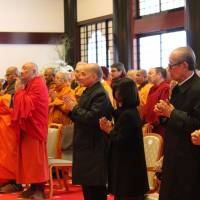 Cambodian King Norodom Sihamoni (fourth from right) and other foreign dignitaries attend the Grand Buddhist Ceremony at Sampozan Muryojuji Temple in Kato, Hyogo Prefecture, on April 8. | MASAAKI KAMEDA