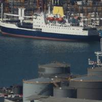 The Royal Mail Ship St Helena lies berthed in Cape Town harbor, South Africa, Tuesday. | REUTERS