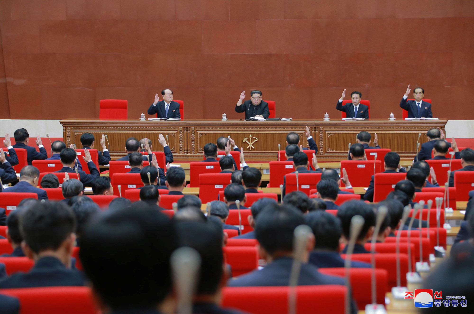 North Korean leader Kim Jong Un attends a meeting of the Central Committee of the Workers' Party of Korea in this photo released Saturday.  KCNA / via Reuters | REUTERS