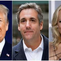 This combination photo shows (from left) President Donald Trump, attorney Michael Cohen and adult film actress Stormy Daniels. Cohen has been ordered to appear in federal court in New York Monday for arguments over last week\'s raid of his home and office. The raid sought information on a &#36;130,000 payment made to porn actress Stormy Daniels, who alleges she had sex with a married Trump in 2006. | AP