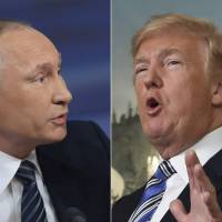 Russian President Vladimir Putin (left) gives his annual press conference in Moscow in December 2015, and U.S. President Donald Trump speaks about the spending bill during a news conference at the White House on March 23, in this combination of pictures. | AFP-JIJI