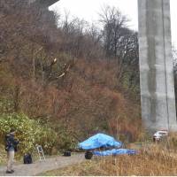 A car that fell from an expressway in Akita Prefecture is seen covered with plastic sheets on Wednesday. Three people died in the crash. | KYODO
