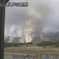 A video camera image shows smoke rising up from a crater on Mt Io, which sits on the border of Miyazaki and Kagoshima prefectures, at 6:16 p.m. on Thursday. | JAPAN METEOROLOGICAL AGENCY VIA KYODO