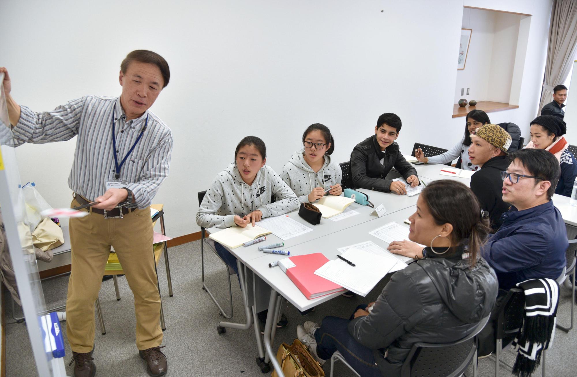 Foreign workers under the Technical Intern Training Program take a Japanese language lesson in Kariya, Aichi Prefecture, in December. | KYODO