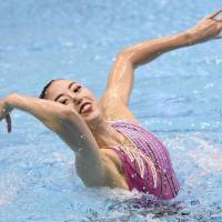 Yukiko Inui competes in the solo routine at the Japan Open, the third leg of the FINA Artistic Swimming World Series, on Friday at Tatsumi International Swimming Center. Inui finished first with 90.3361 points. | KYODO