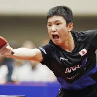Tomokazu Harimoto competes against Fan Zhendong in a men\'s singles match at the Asian Cup on Friday in Yokohama. | KYODO