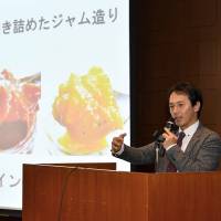 Tadashi Matsushima, the owner of Setouchi Jam\'s Garden in Suo Oshima, Yamaguchi Prefecture, speaks at a forum organized by The Japan Times in Tokyo in February. | YOSHIAKI MIURA
