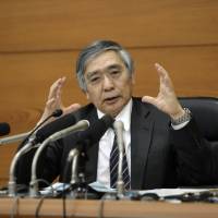 Bank of Japan Gov. Haruhiko Kuroda holds a news conference at the central bank\'s headquarters on April 27. | BLOOMBERG