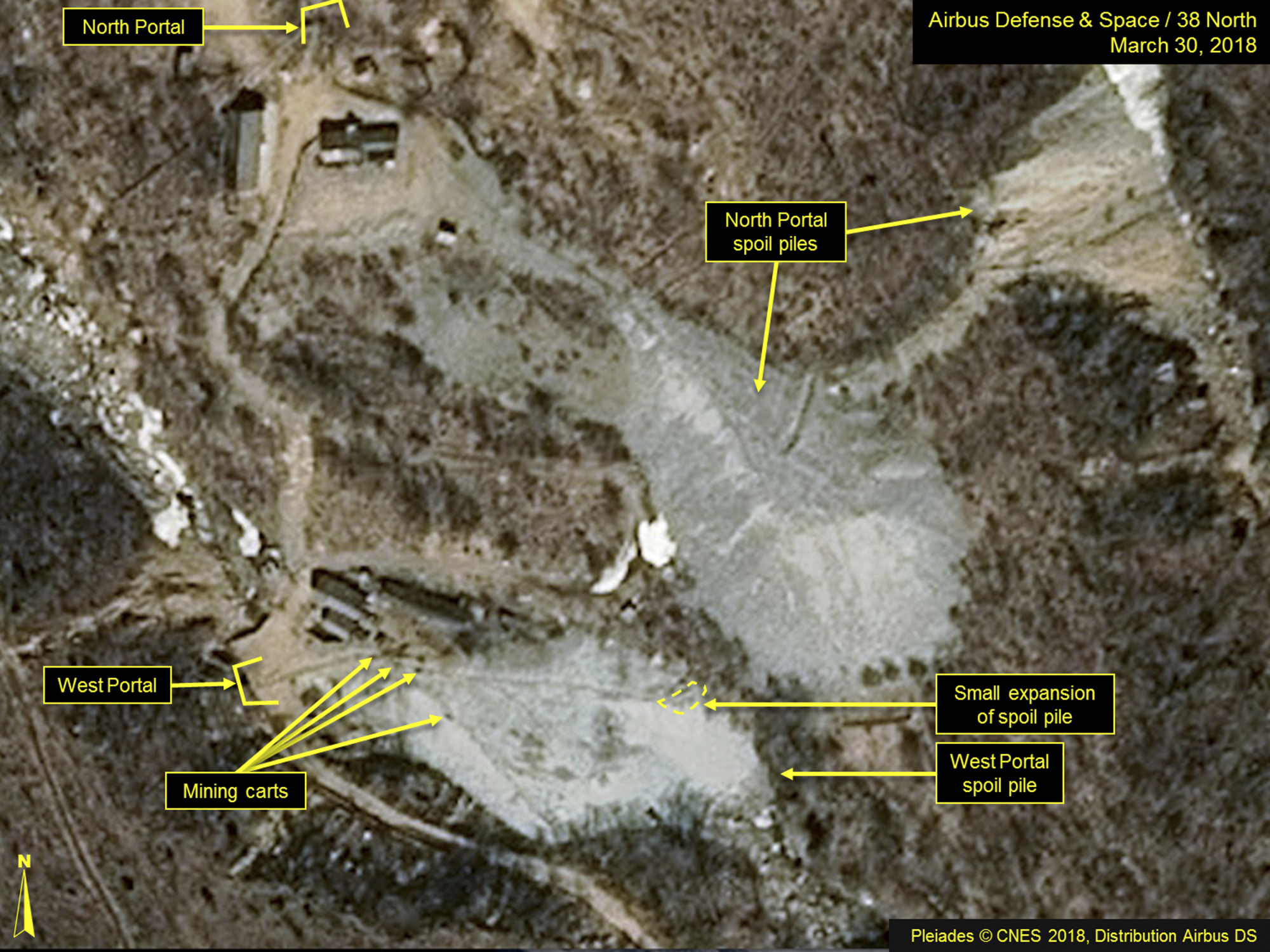 This satellite image released March 30 shows the Punggye-ri nuclear test site in North Korea. The North said Saturday that it will dismantle the site between May 23 and 25, in a dramatic event that would set up leader Kim Jong Un's summit with U.S. President Donald Trump next month. | AP