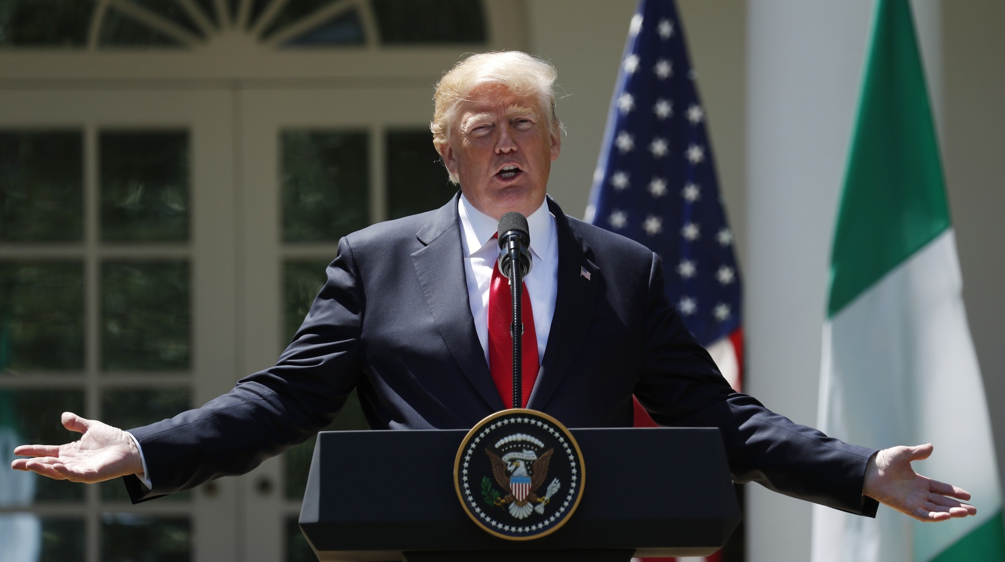 U.S. President Donald Trump addresses a joint news conference with Nigerian President Muhammadu Buhari in the Rose Garden of the White House in Washington on Monday. | REUTERS