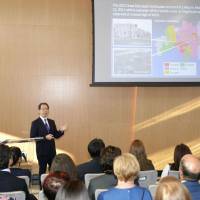 Fukushima Gov. Masao Uchibori speaks about the current conditions of Fukushima Prefecture on Wednesday at One World Trade Center in New York. | KYODO