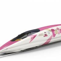 This illustration shows an image of a Hello Kitty-themed bullet train to be operated by West Japan Railway Co. | WEST JAPAN RAILWAY CO. / VIA KYODO