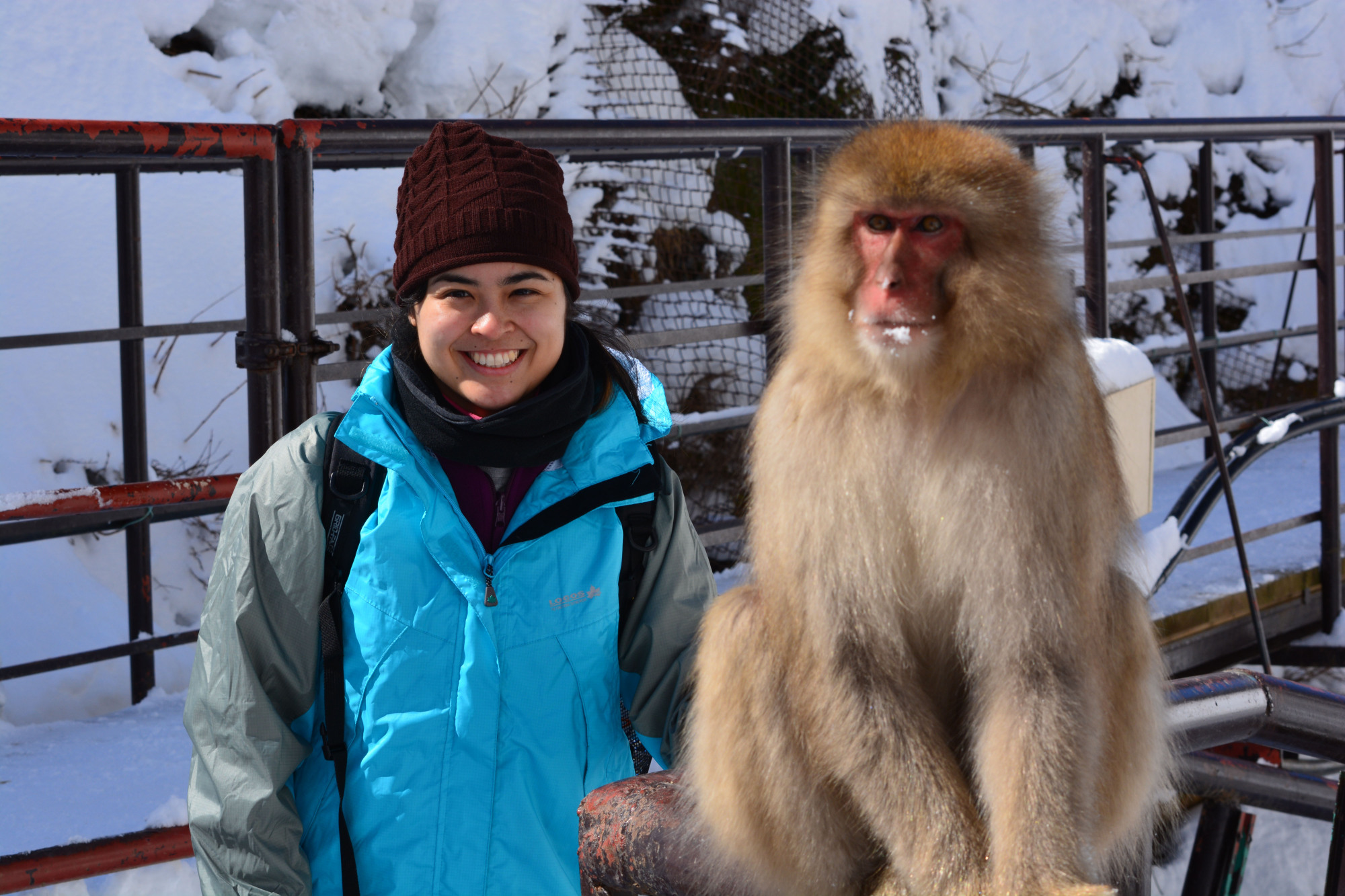 Primatologist Rafaela Takeshita and a Japanese macaque pose for the camera. | COURTESY OF RAFAELA TAKESHITA
