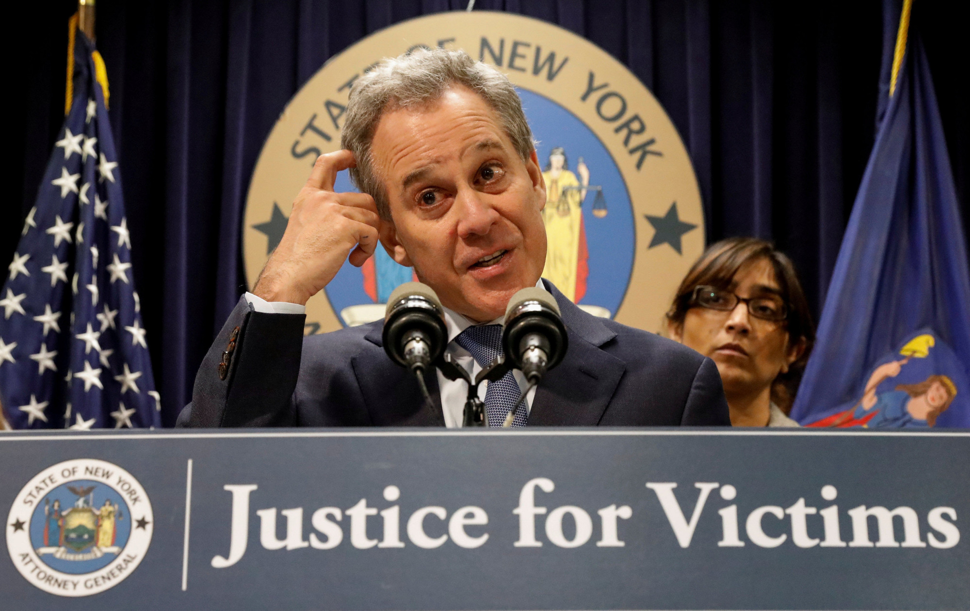 Eric Schneiderman, shown speaking at a February news conference concerning sexual harassment-related civil lawsuits, was forced to resign earlier this month as New York's attorney general after he was accused of physically abusing at least four women while in office. | REUTERS
