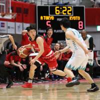 Alvark guard Seiya Ando dribbles the ball in the first quarter against the Hannaryz on Sunday at Arena Tachikawa Tachihi. Tokyo routed Kyoto 106-68. | B. LEAGUE