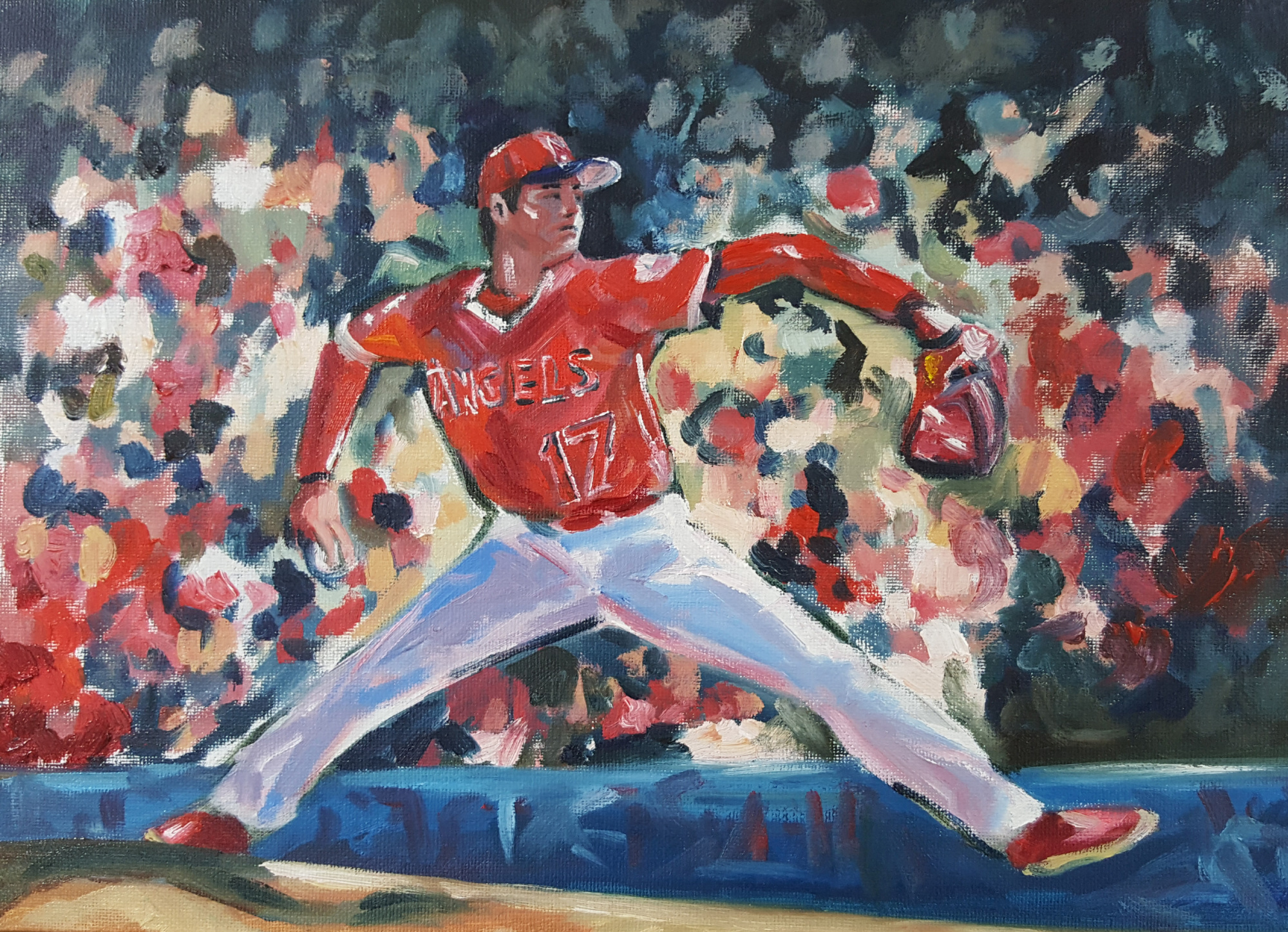 Los Angeles Angels pitcher Shohei Ohtani delivers in a painting by Andy Brown. | COURTESY OF ANDY BROWN
