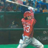 Carp second baseman Ryosuke Kikuchi takes a swing in a painting by Andy Brown. | COURTESY OF ANDY BROWN.