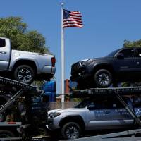 Toyota trucks being delivered after arriving in the United States in National City, California, on Wednesday. | REUTERS