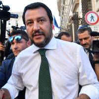 Italian Interior Minister and Deputy Prime Minister Matteo Salvini leaves after the first Cabinet meeting at Chigi Palace in Rome on Friday. | AFP-JIJI