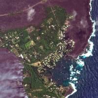 This satellite image shows advancing lava flows approaching Kapoho Bay in Hawaii on Sunday. | AP