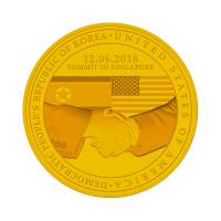 A design for one of three medallions unveiled by the Singapore Mint commemorating U.S. President Donald Trump and North Korean leader Kim Jong Un\'s meeting in Singapore is shown in this image supplied Tuesday. | REUTERS