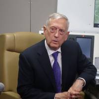 U..S Defense Secretary James Mattis speaks aboard his official aircraft on the first leg of a trip that will take him to China, South Korea and Japan Tuesday. | AFP-JIJI