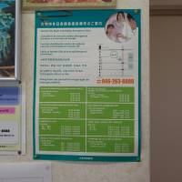 A poster at Kobayashi International Clinic in Yamato, Kanagawa Prefecture, shows who to call for medical emergencies on holidays and weekends in multiple languages. | SARAH SUK