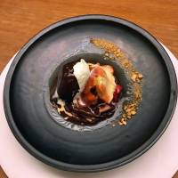 A Kakimoto creation: \"Le Jardin &#8212; a Japanese Garden\" combines chocolate, strawberry liqueur and pistachio ice cream infused with shiso leaves. | J.J. O\'DONOGHUE