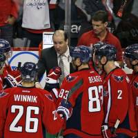 Capitals assistant coach Todd Reirde, seen in an April 2016 file photo speaking during a timeout in a playoff game against the Flyers, has been promoted to head coach to replace Barry Trotz. | AP
