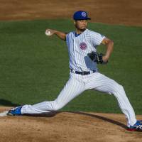 Yu Darvish pitches for the Single-A South Bend Cubs in a minor league rehab start on Monday at Four Winds Field in South Bend, Indiana. | AP