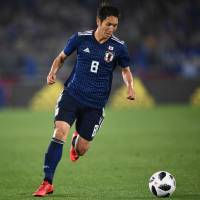 Genki Haraguchi controls the ball during Japan\'s friendly match against Ghana in Yokohama on May 30. | AFP-JIJI