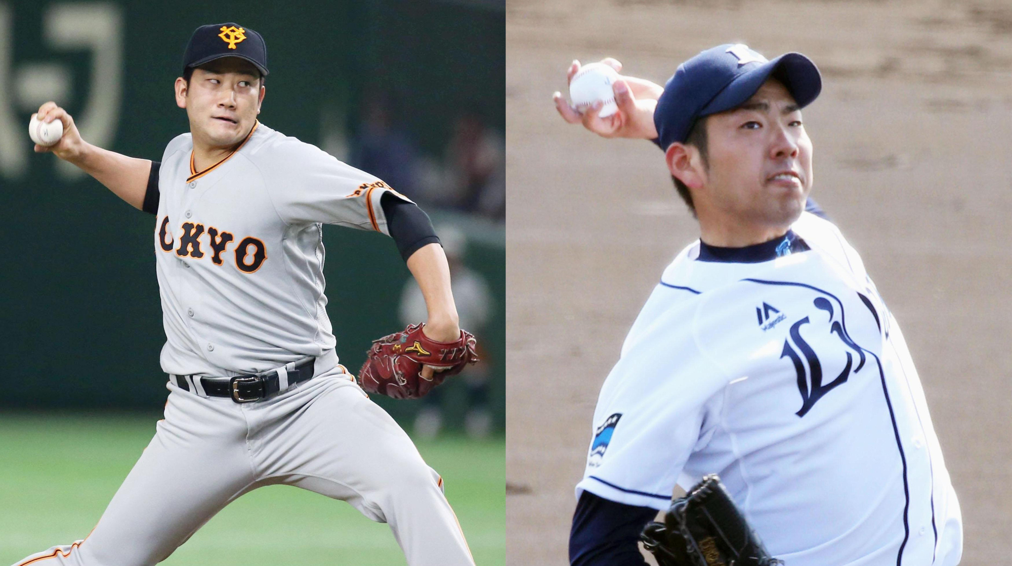 Pitchers Tomoyuki Sugano of the Yomiuri Giants (left) and Yusei Kikuchi of the Seibu Lions faced off Friday night as several MLB scouts looked on at Tokyo Dome. | KYODO