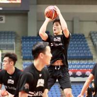 Yudai Baba takes a jumper during Japan\'s practice at Chiba Port Arena on Thursday. | KAZ NAGATSUKA