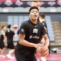 Japan\'s Rui Hachimura attempts a shot during the team\'s practice in Chiba on Thursday. | KAZ NAGATSUKA